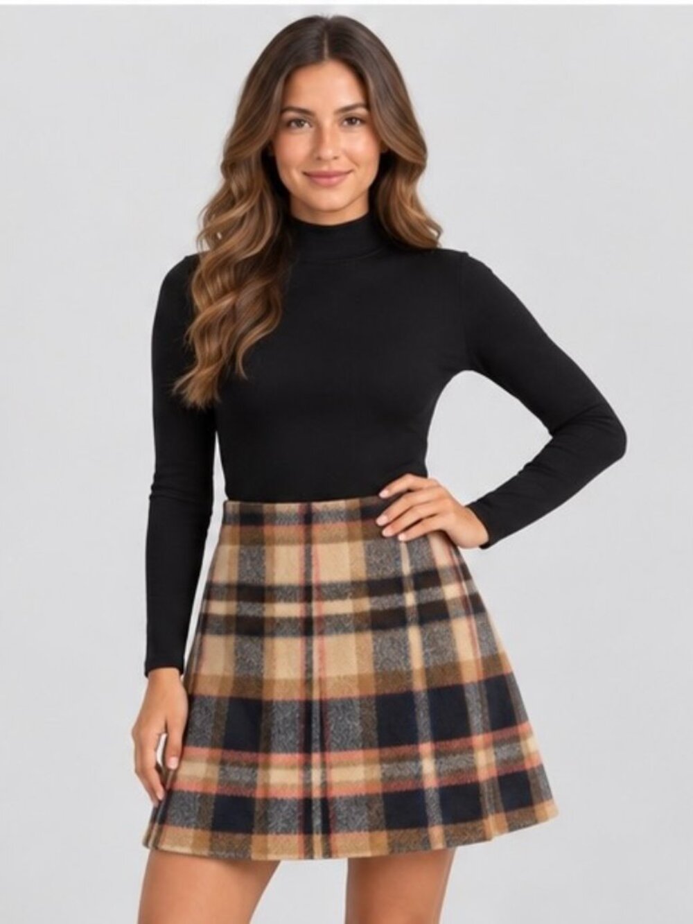 I.I.I. Women's Plaid Mini Skirt 20% Wool Tan Navy Black Red A-Line Preppy